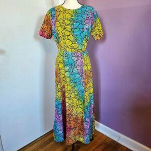 Homemade Rainbow Tie Dye Leaf Print Cottagecore Prairie Hippie Boho Maxi Dress